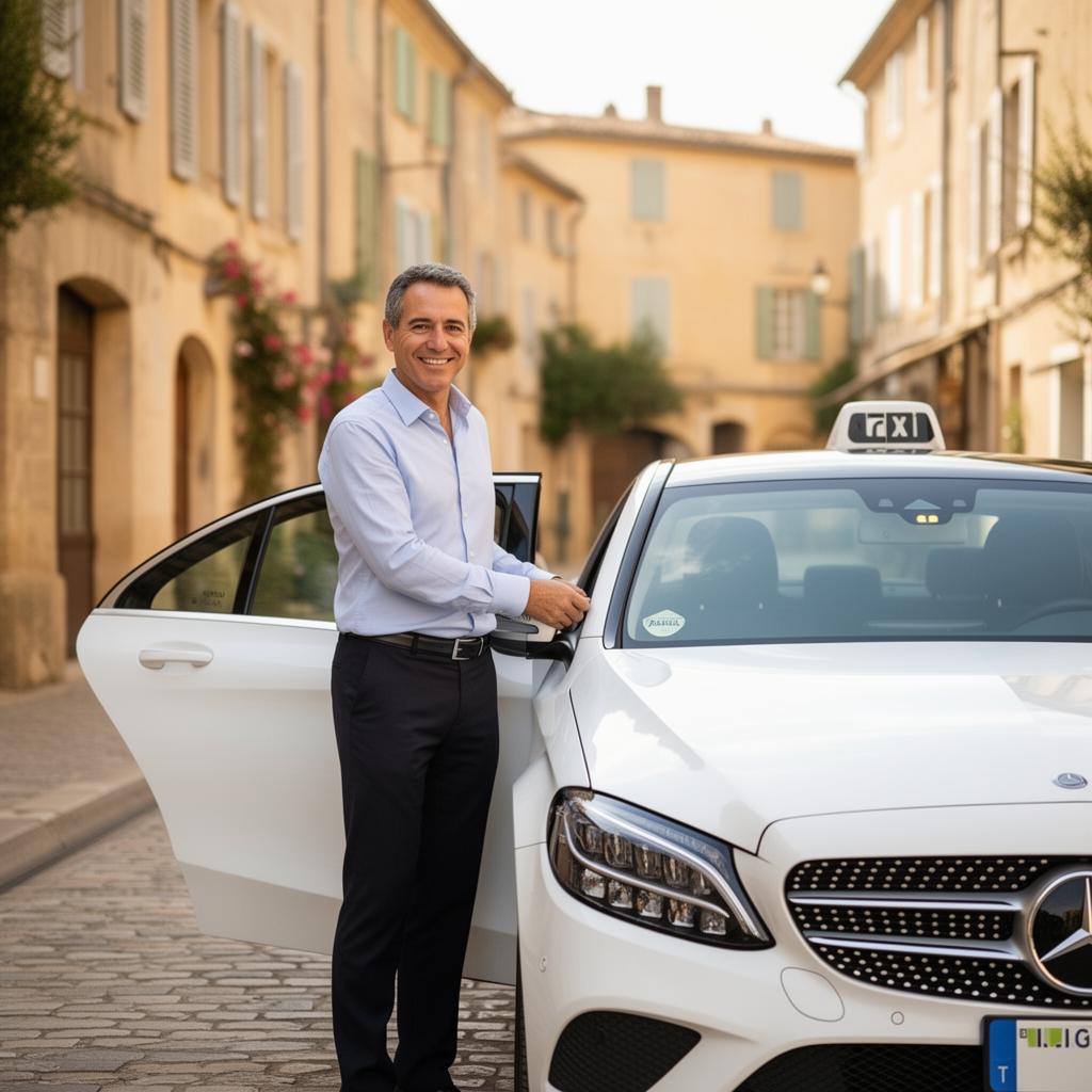 Votre chauffeur Taxi AGC devant sa Mercedes Classe C
